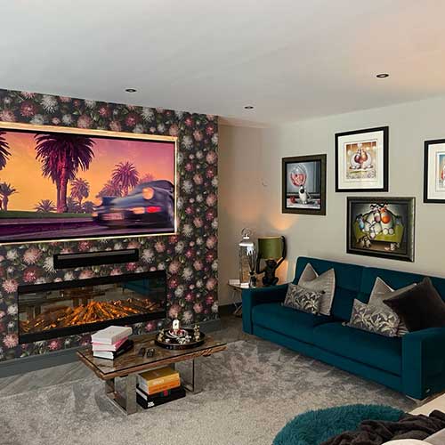 Living room with media wall fire and floral feature wall