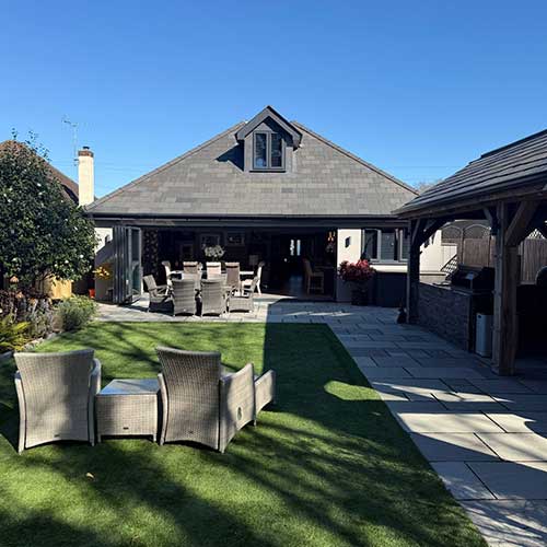 Rear extension and landscaped garden with oak-framed outdoor kitchen